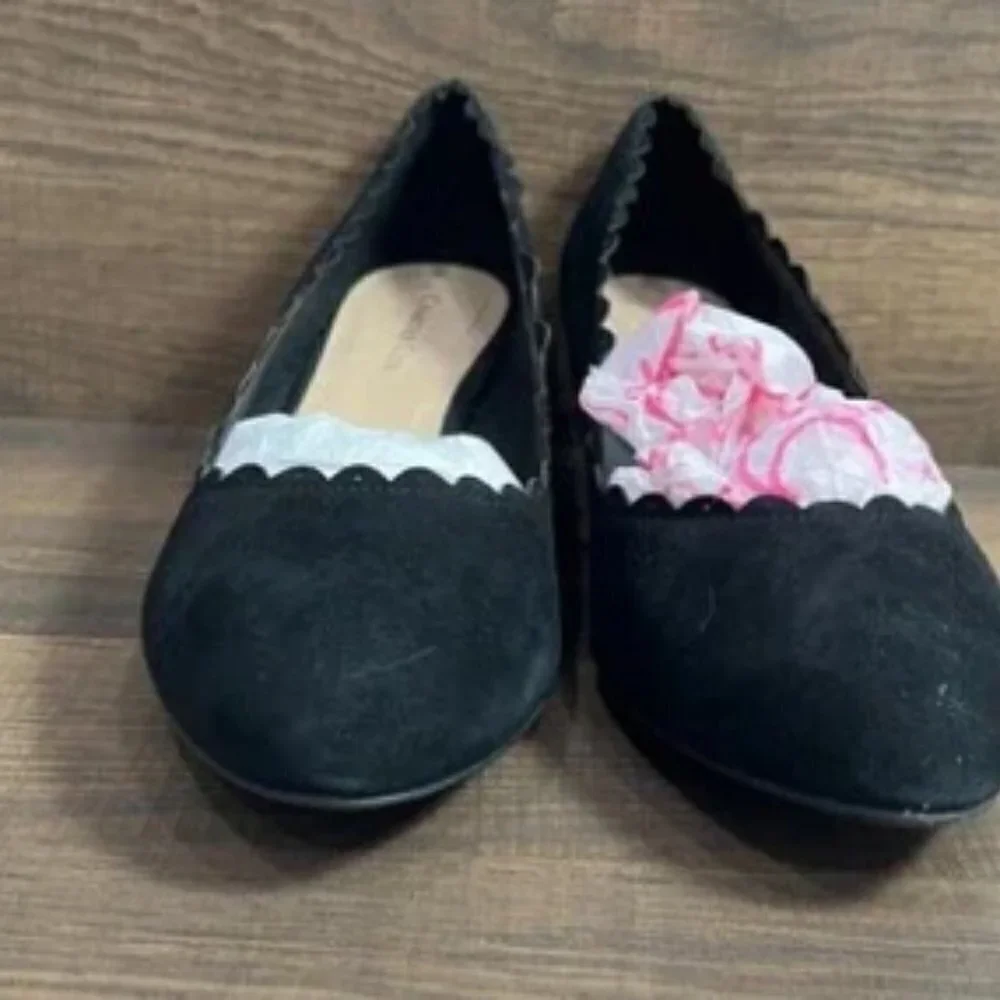 NWB Charter Club Wandaa Suede Wedge Heels 8.5M Almond Toe Scalloped Trim Black